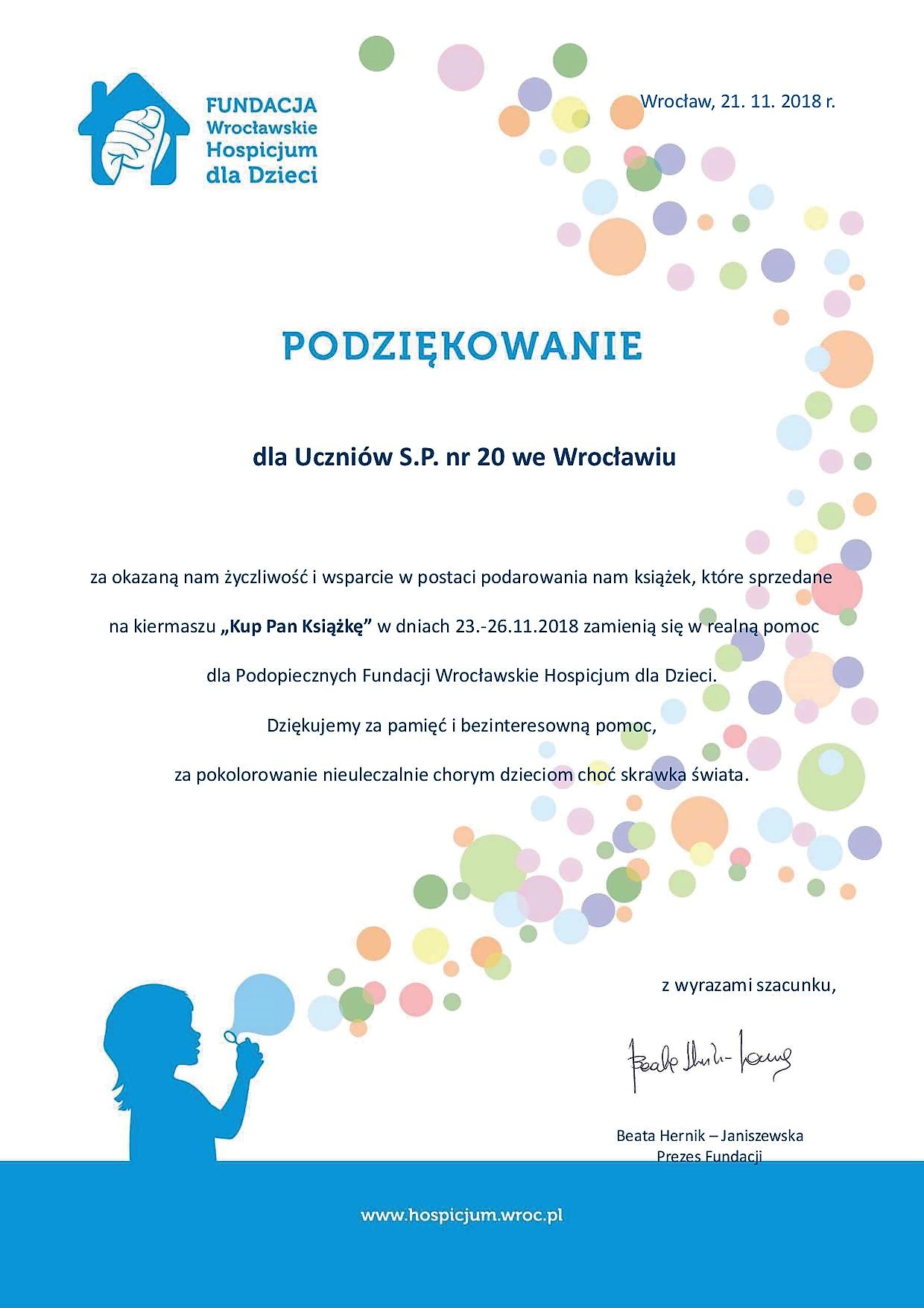 Hospicjum podziekowanie SP20