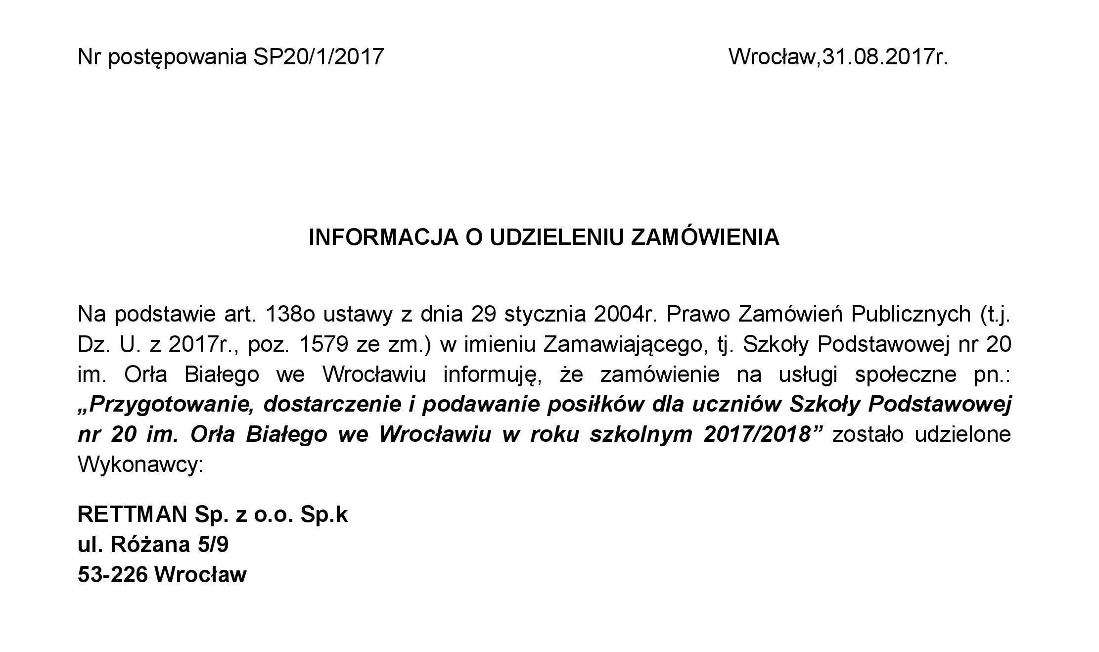 Informacja o udzieleniu zamowienia