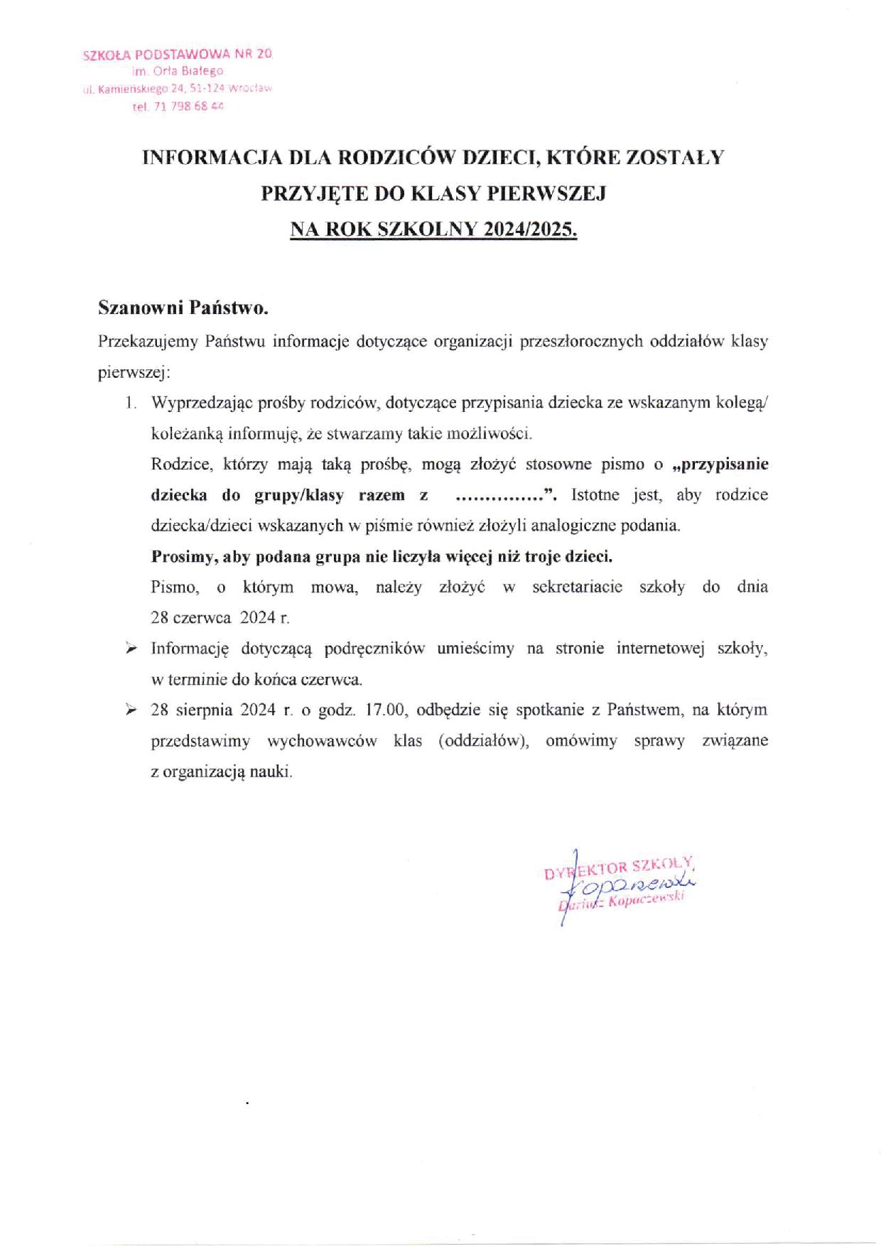 dla przyjetych do kl 1