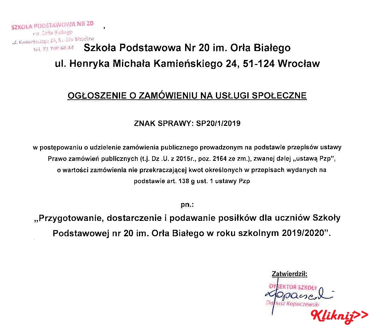 Ogloszenie o zamowieniu na uslugi spoleczne SP20 2019